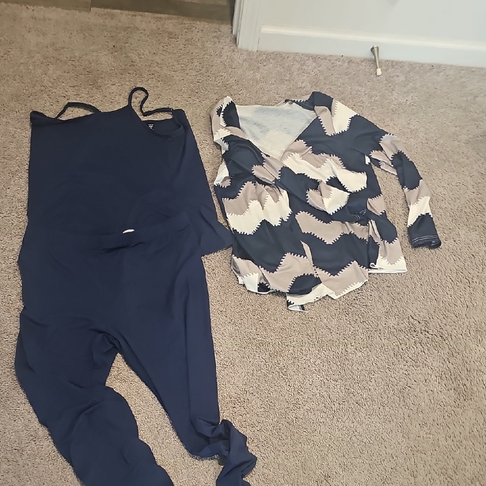 Navy Blue Jumpsuit and Patterned Cardigan Set